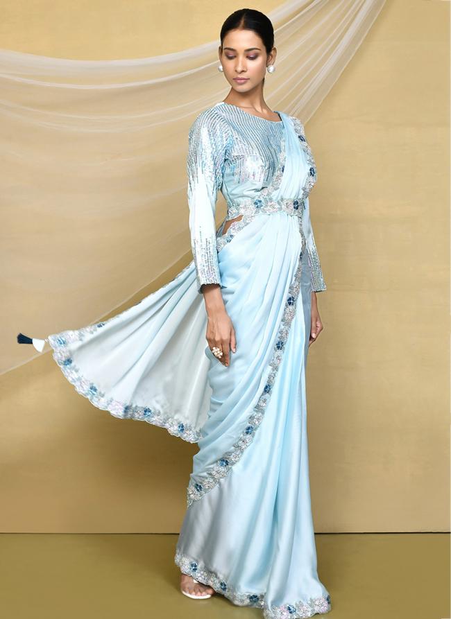 Crepe Silk Light Blue Party Wear Embroidery Work Readymade Saree